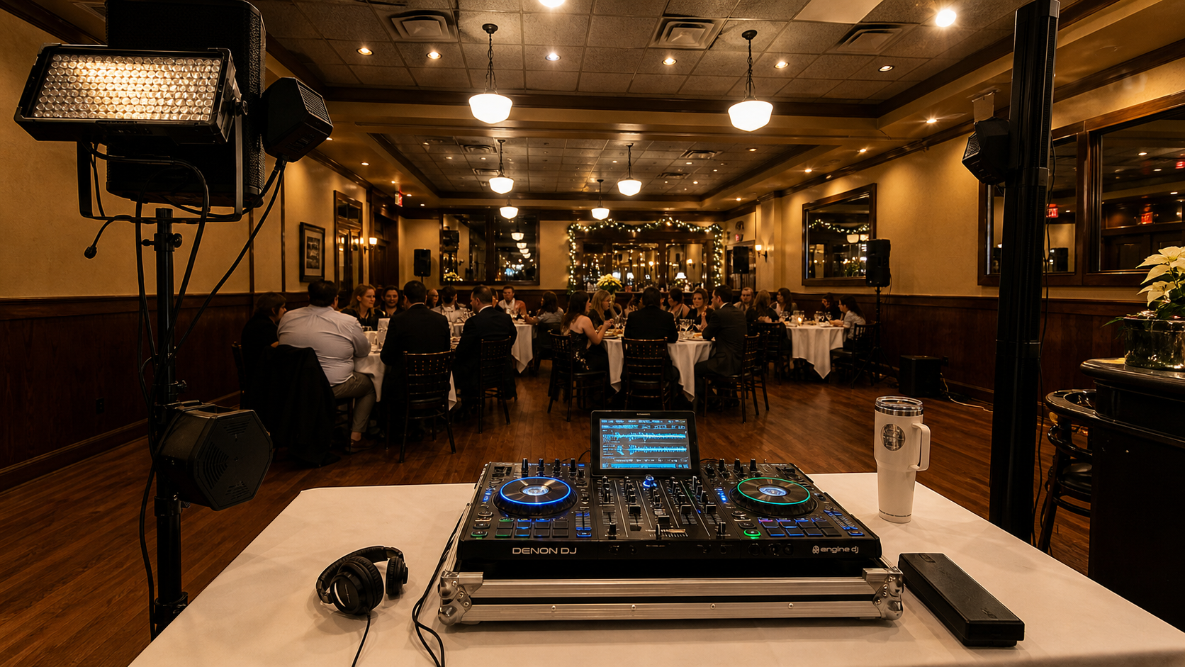 Salon formal con setup de DJ e invitados